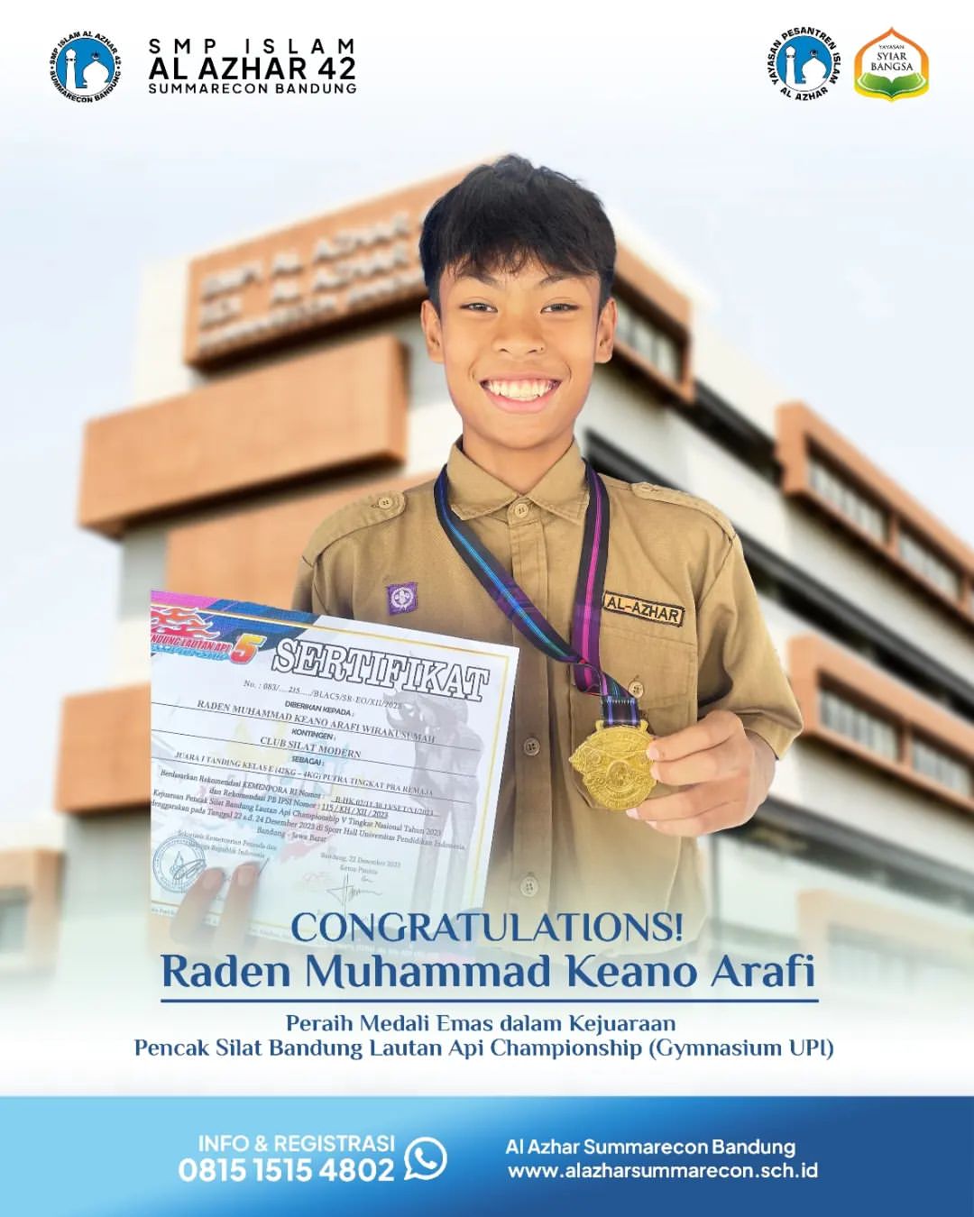 Raden Muhammad Keano Arafi - Medali Emas dalam Kejuaraan Pencak Silat Bandung Lautan Api Championship (Gymnasium UPI)